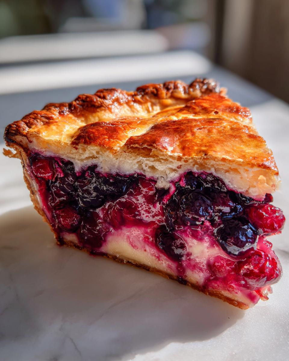 Close-up of a thick slice of berry pie showing a flaky golden crust and a vibrant, set berry filling.