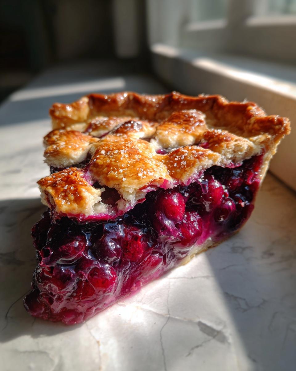 Close-up of a perfect slice of berry pie showing a thick, set, juicy berry filling and a golden lattice crust sprinkled with sugar.