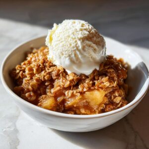 A warm serving of apple crisp recipe with a golden oat topping and a scoop of melting vanilla ice cream.