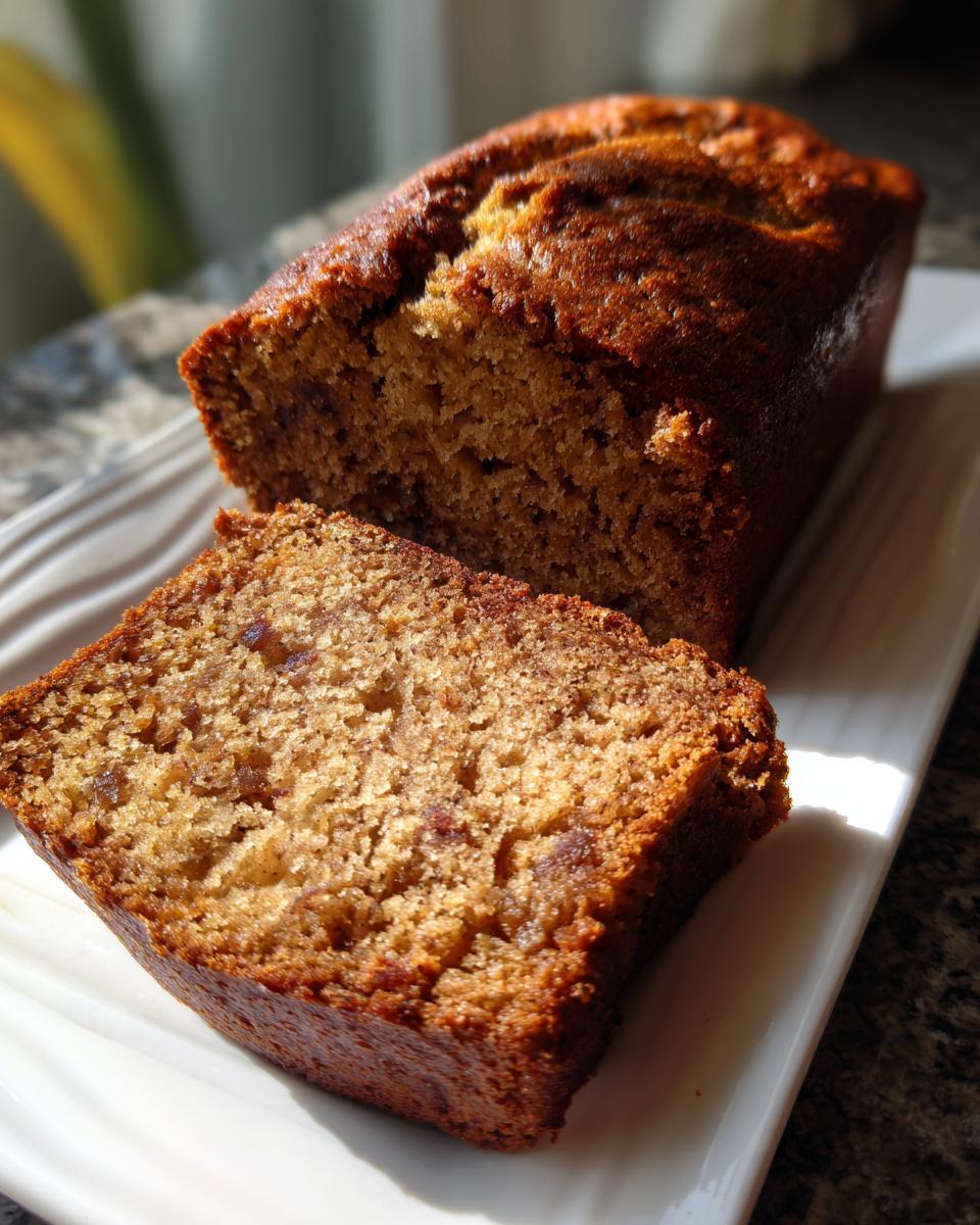 A close-up of the best banana bread, showing a golden-brown crust and a moist, textured interior with a slice cut.