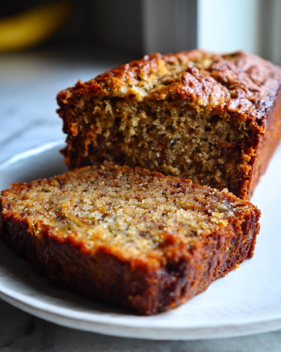 Close-up of a moist slice cut from the loaf of the best banana bread, showing a rich, dark crust.