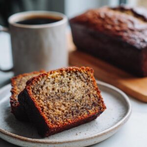 Two thick slices of moist best banana bread on a speckled plate, with a loaf and coffee mug in the background.
