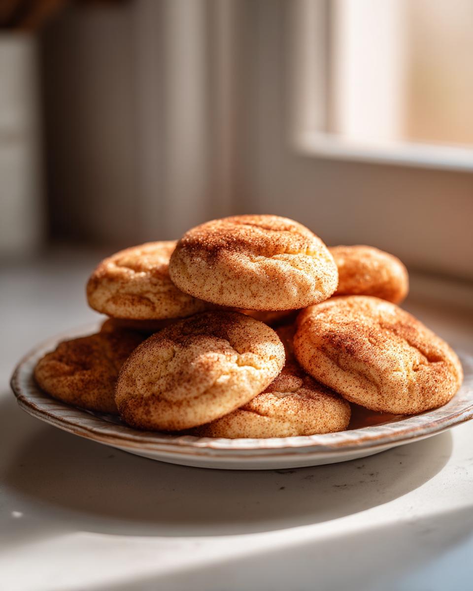A stack of freshly baked, soft snickerdoodle cookies generously coated in cinnamon sugar, sitting on a rustic plate.