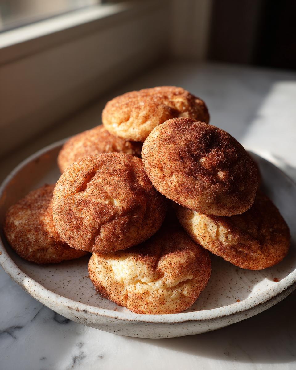 A pile of soft, chewy snickerdoodle cookies coated in cinnamon sugar, sitting on a speckled ceramic plate.