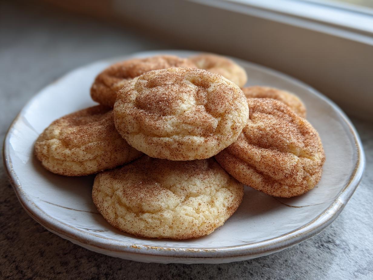 A stack of soft, chewy snickerdoodle cookies generously coated in cinnamon sugar, resting on a light-colored plate.