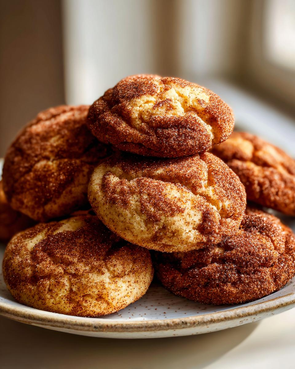 A close-up stack of freshly baked snickerdoodle cookies coated heavily in cinnamon sugar.