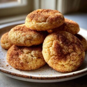 A stack of freshly baked, soft snickerdoodle cookies generously coated in cinnamon sugar, resting on a ceramic plate.