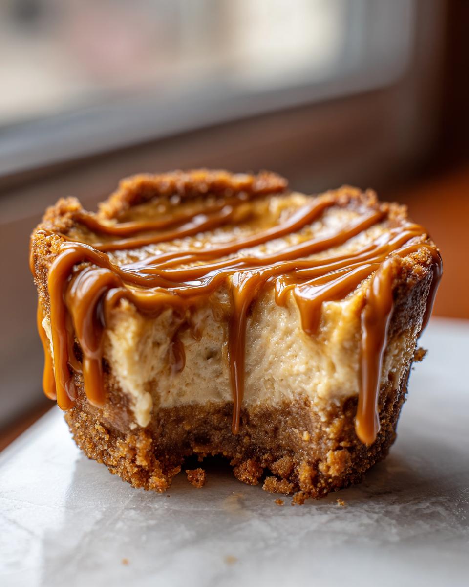 Close-up of a bitten cookie butter cheesecake cup topped with thick caramel drizzle.