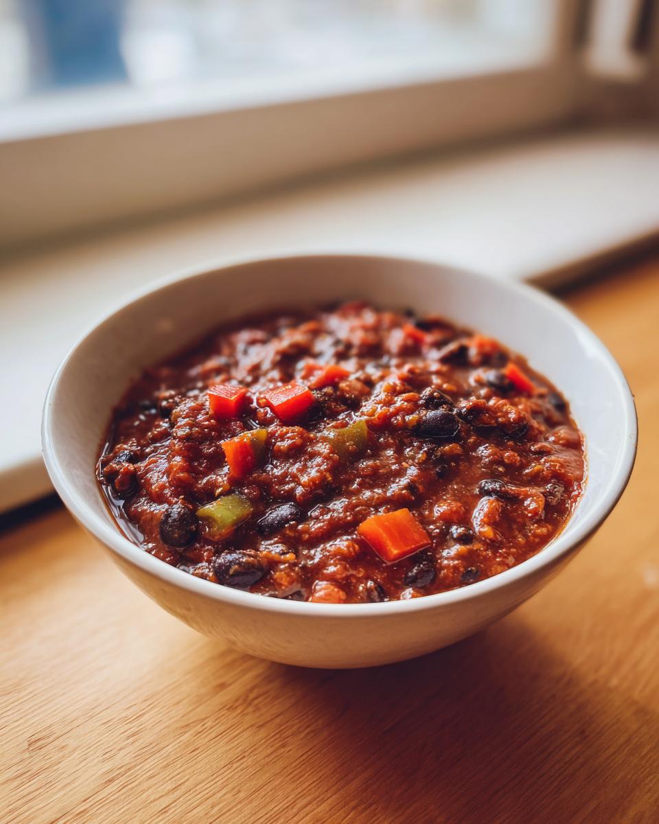 A close-up of a white bowl filled with rich, thick black bean chili, featuring visible black beans and diced red and green peppers.