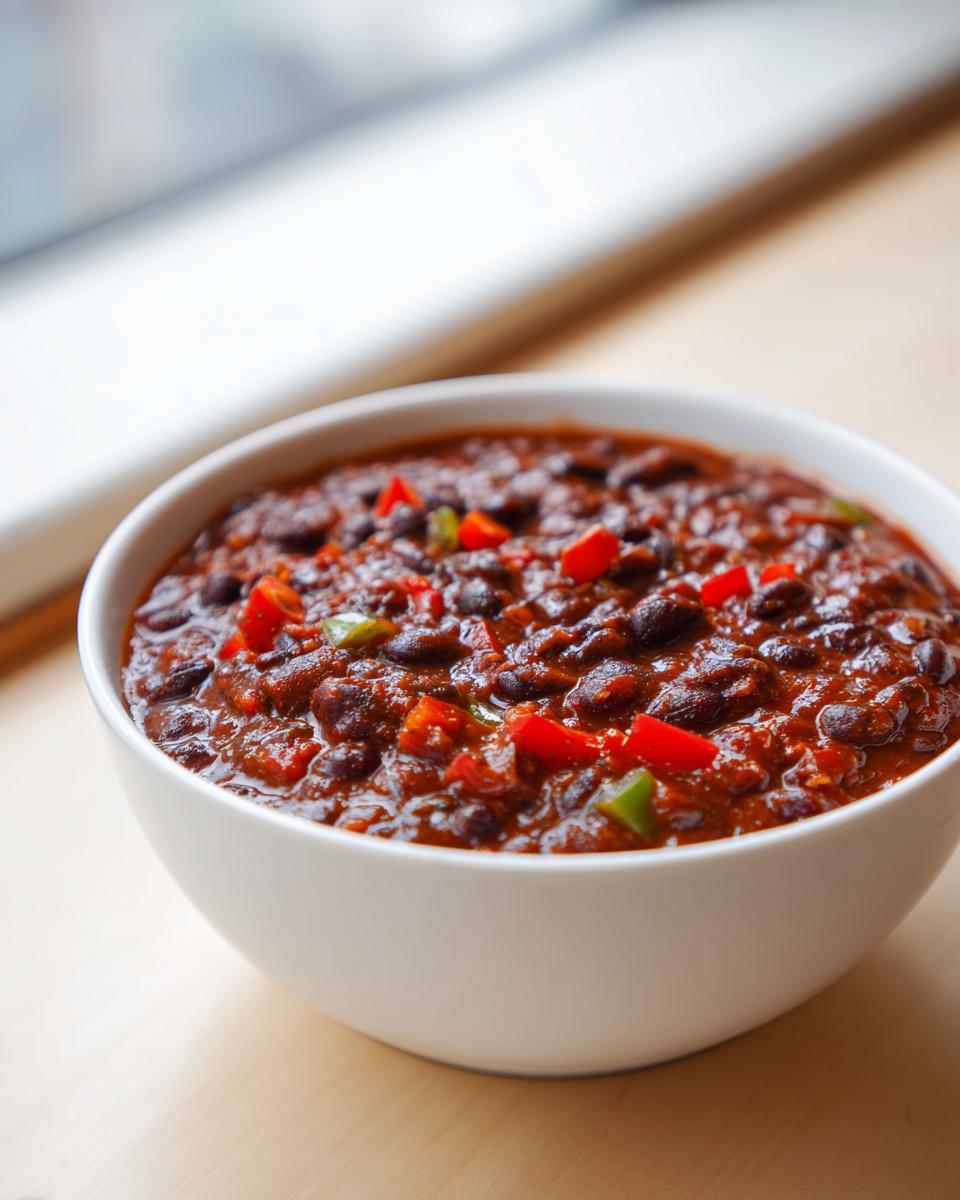 A close-up of a white bowl filled with rich, thick black bean chili, garnished with diced red and green peppers.