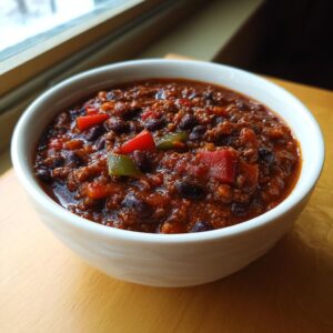 Close-up of a white bowl filled with rich, thick black bean chili featuring visible chunks of red and green bell peppers.