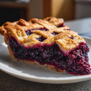 A close-up shot of a juicy slice of blackberry pie featuring a thick, dark berry filling and a golden, flaky lattice crust.