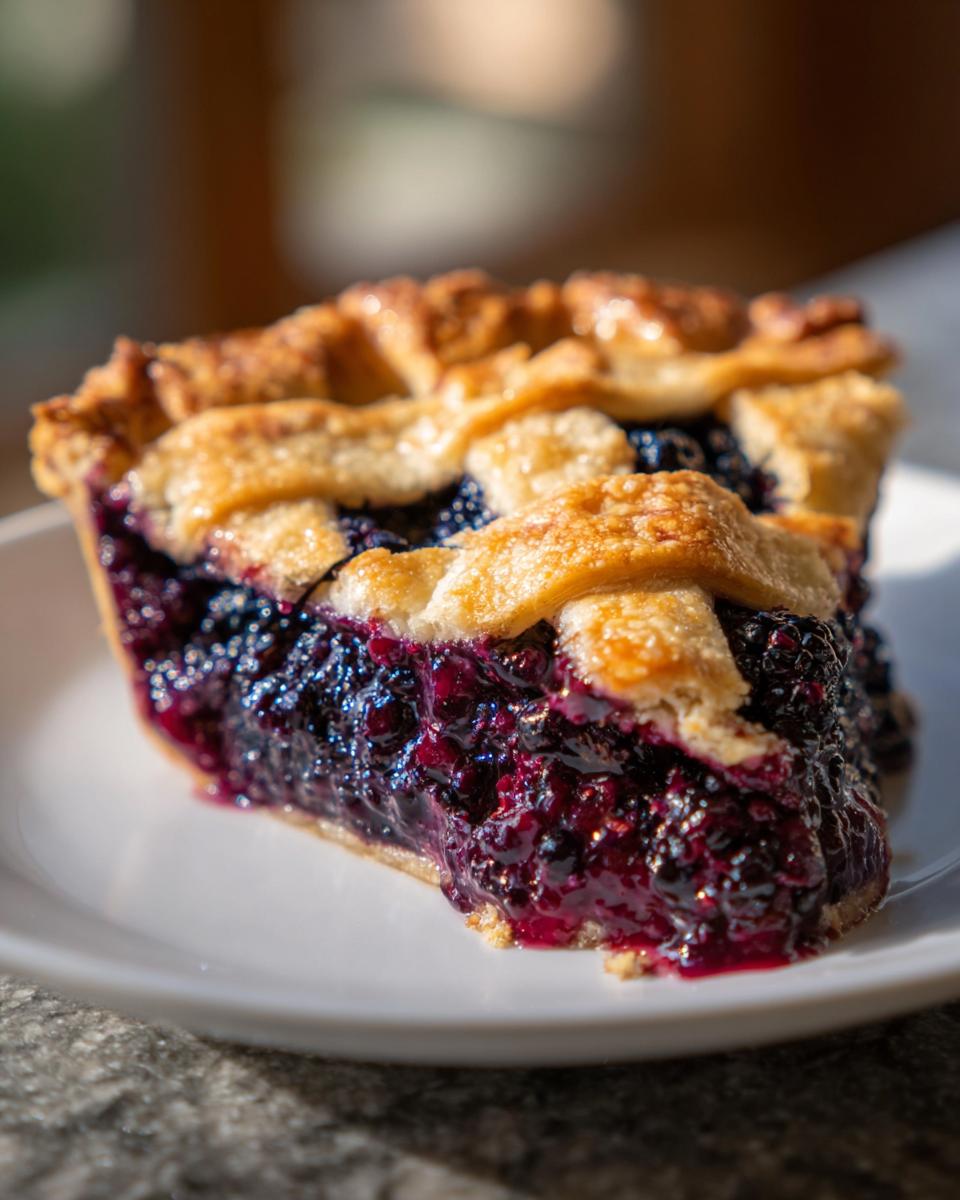 Close-up of a juicy slice of blackberry pie featuring a thick, dark berry filling and golden lattice crust.