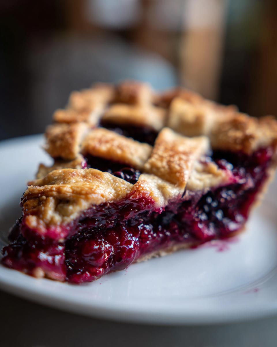 Close-up of a juicy slice of blackberry pie showing the thick berry filling and golden lattice crust.