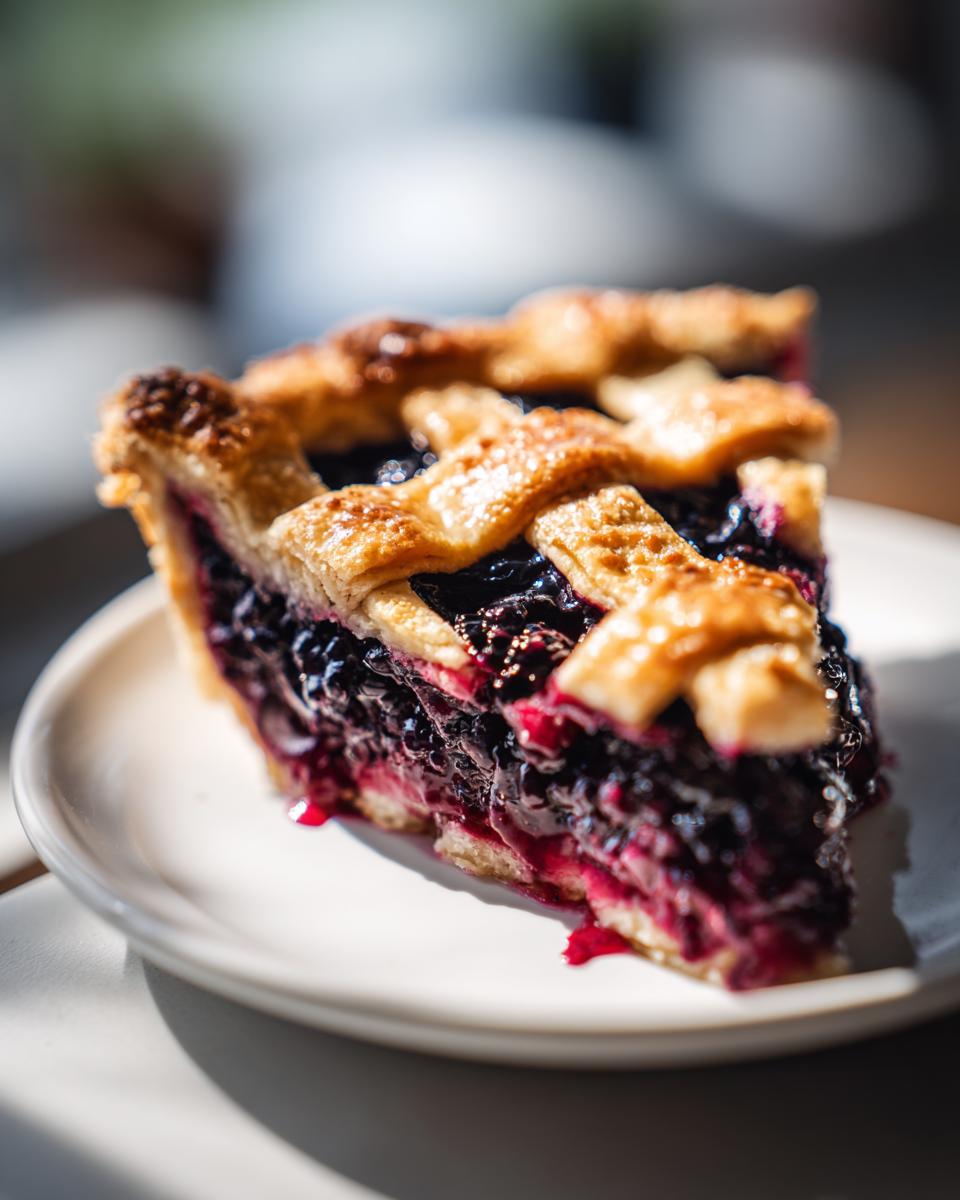 A close-up of a juicy slice of blackberry pie featuring a golden lattice crust, served on a white plate.