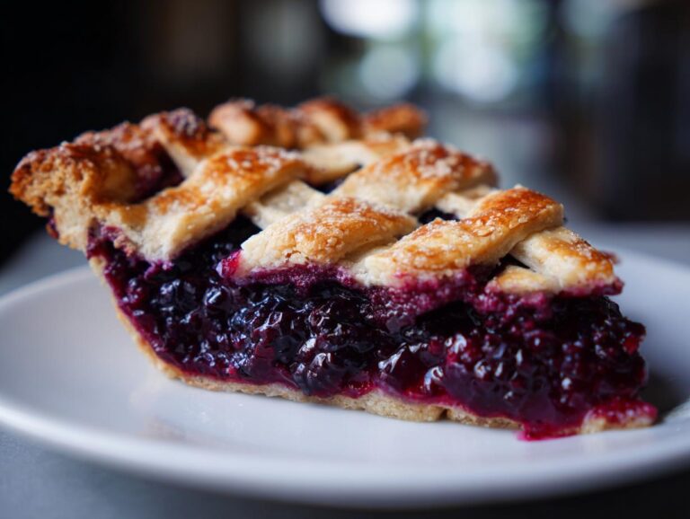 A close-up of a juicy slice of blackberry pie featuring a golden lattice crust sprinkled with sugar.