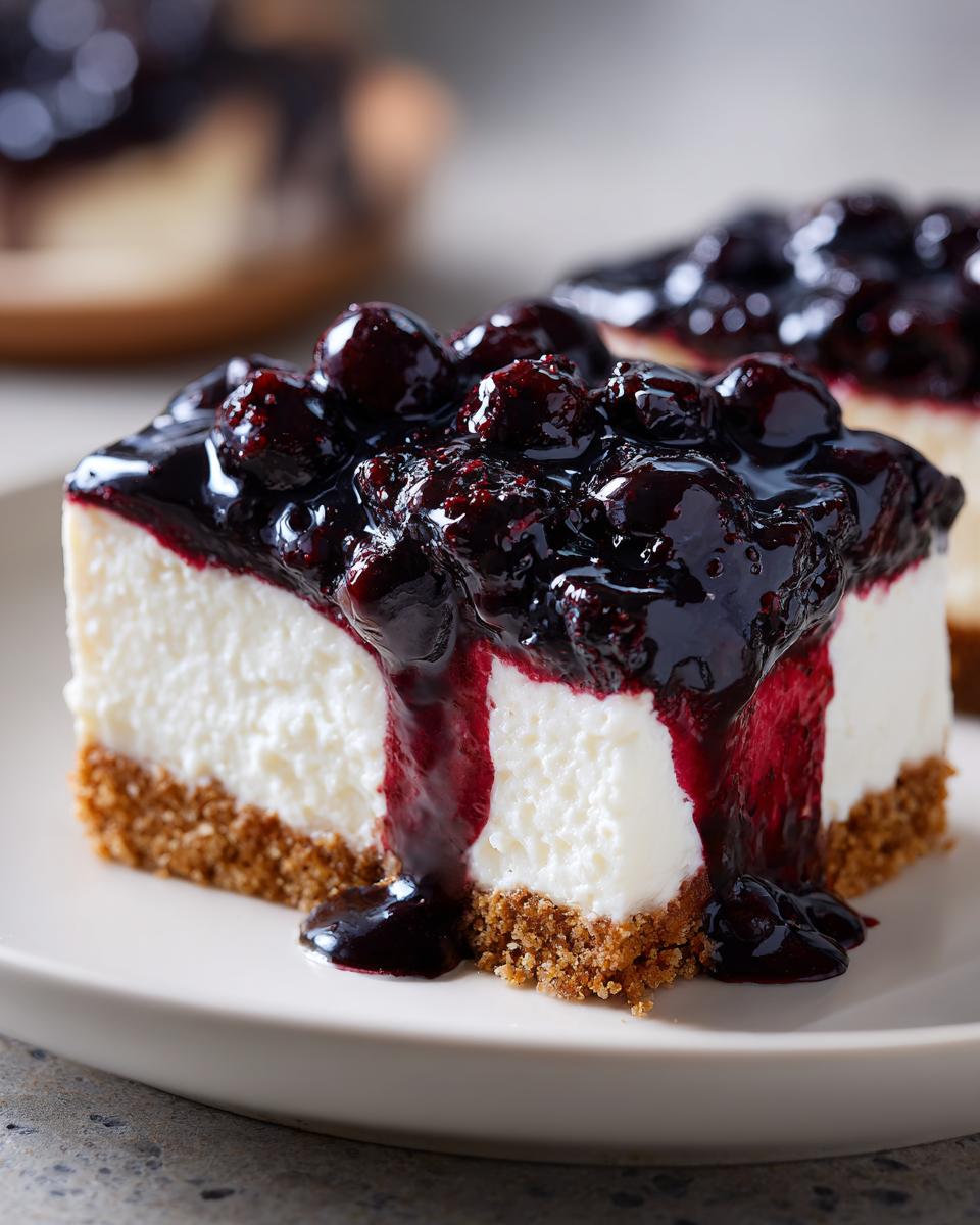 Close-up of a creamy slice of blueberry cheesecake with a thick graham cracker crust and rich blueberry topping dripping down the side.