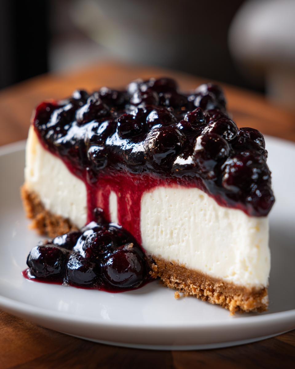A close-up of a creamy slice of blueberry cheesecake with a thick, glossy blueberry topping dripping down the side.