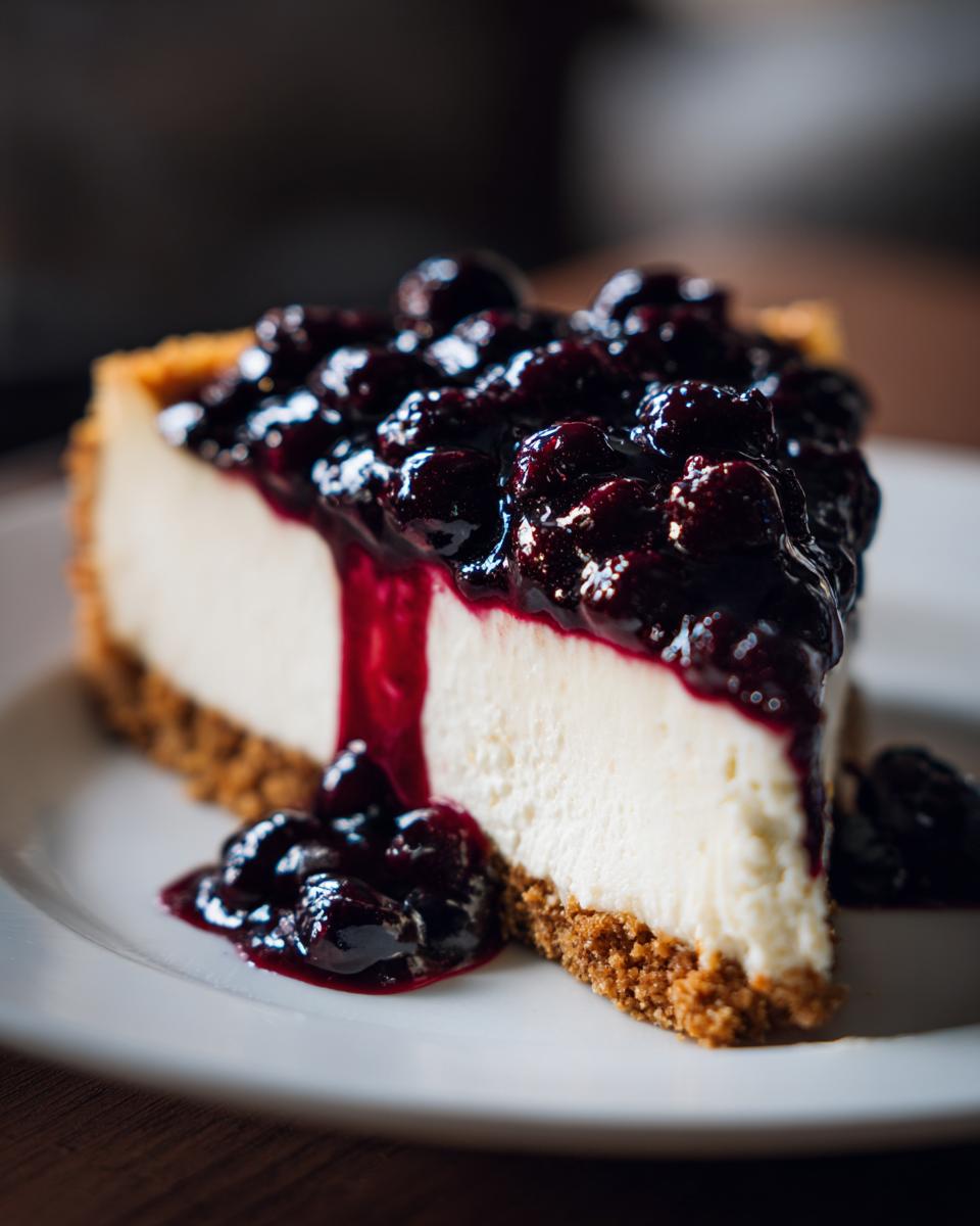 A perfect slice of creamy blueberry cheesecake with rich blueberry topping dripping down the side.