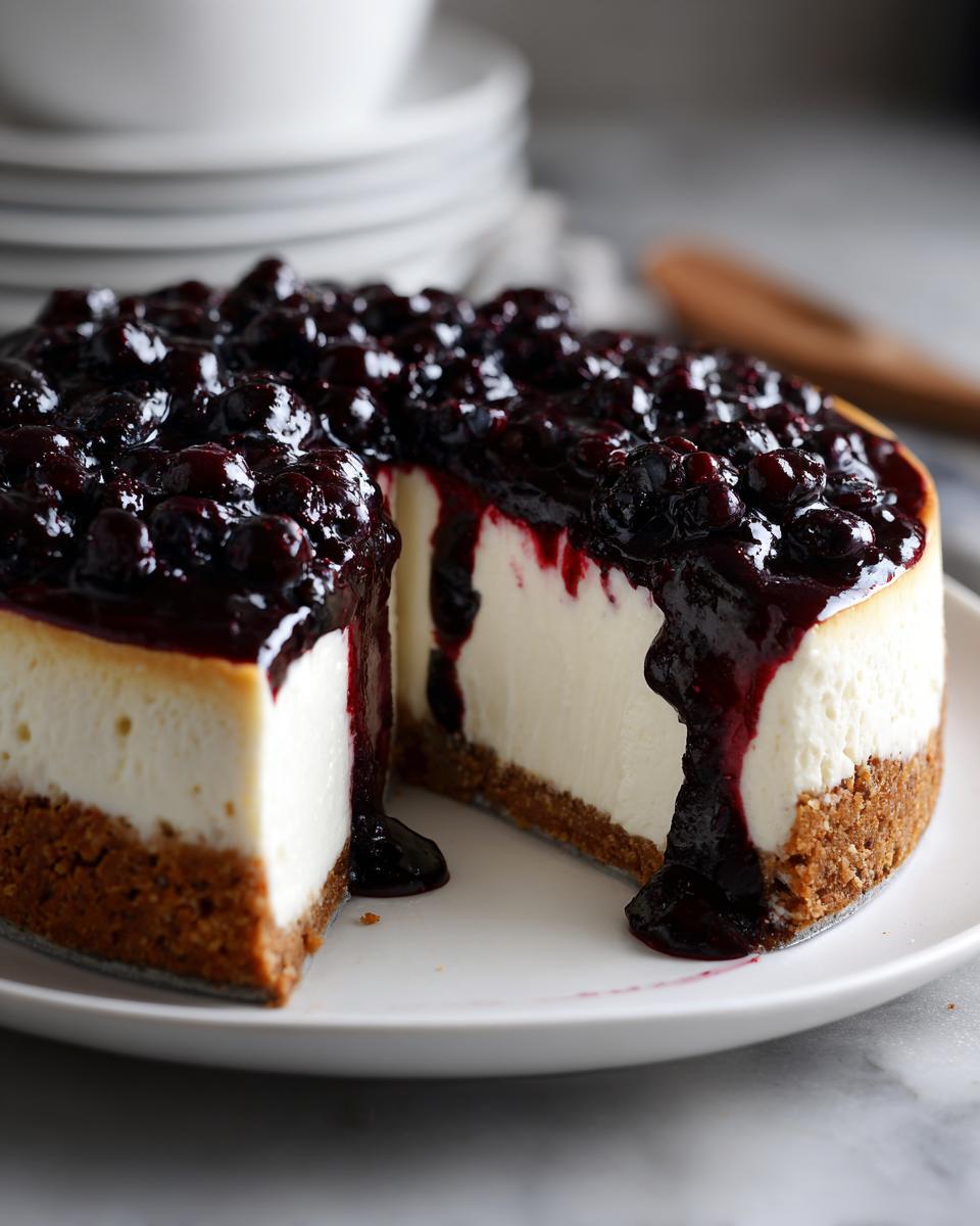 A close-up of a creamy blueberry cheesecake with a thick, dark blueberry topping dripping down the side.
