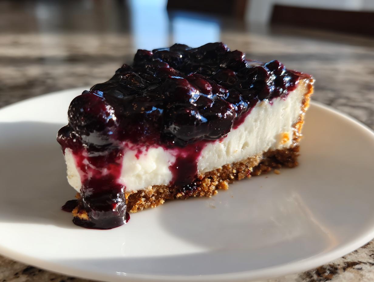 A decadent slice of blueberry cheesecake featuring a thick graham cracker crust and rich blueberry topping.