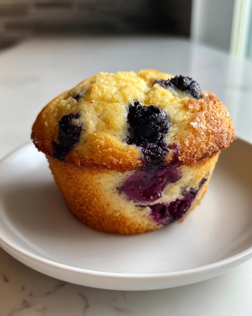 A single, golden-brown blueberry cottage cheese muffin with visible burst blueberries, served on a white plate.