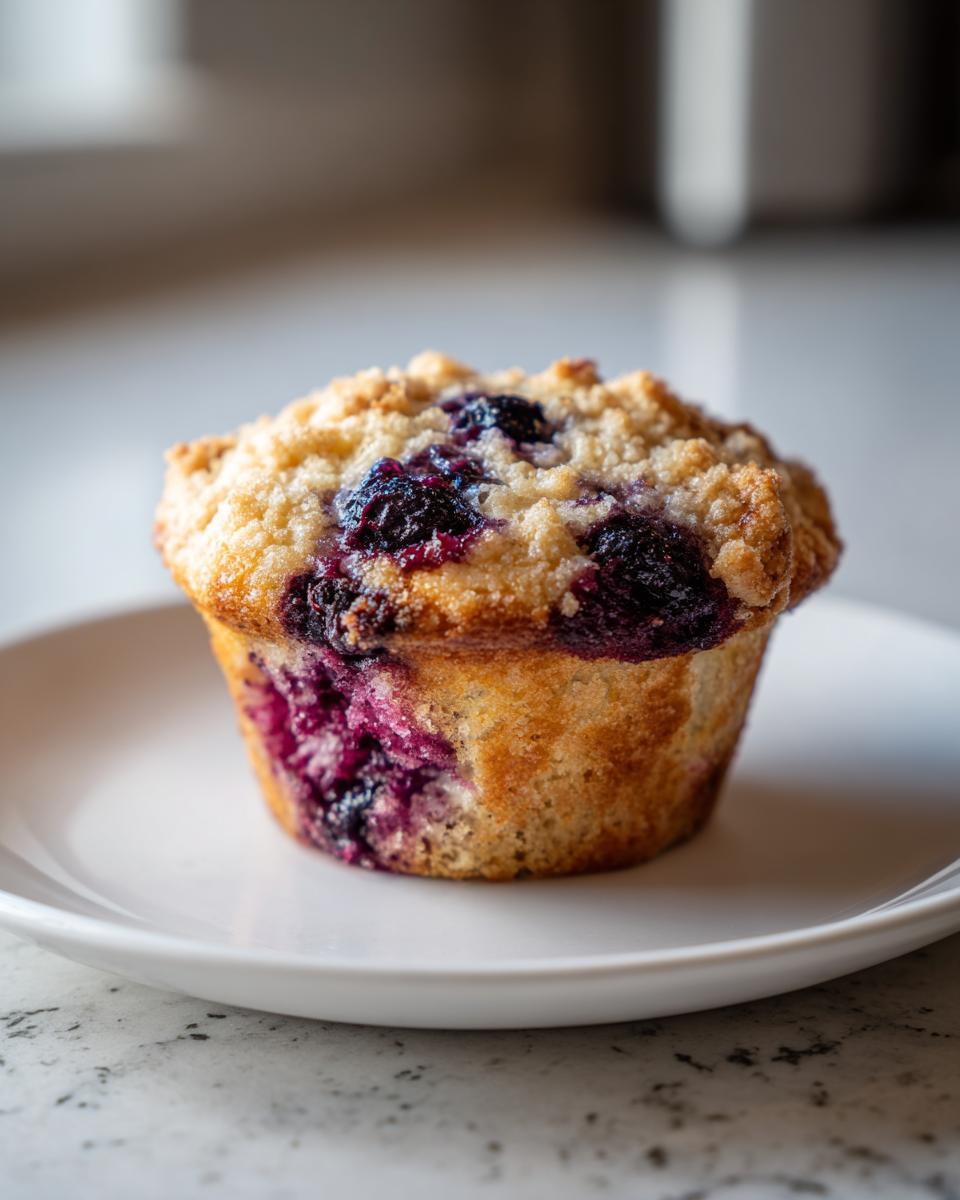 A single, golden-brown blueberry cottage cheese muffin with a crumbly streusel topping sits on a white plate.