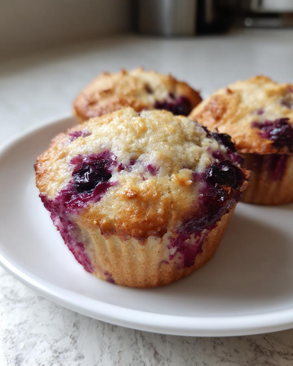 Close-up of three golden-brown blueberry cottage cheese muffins served on a white plate.