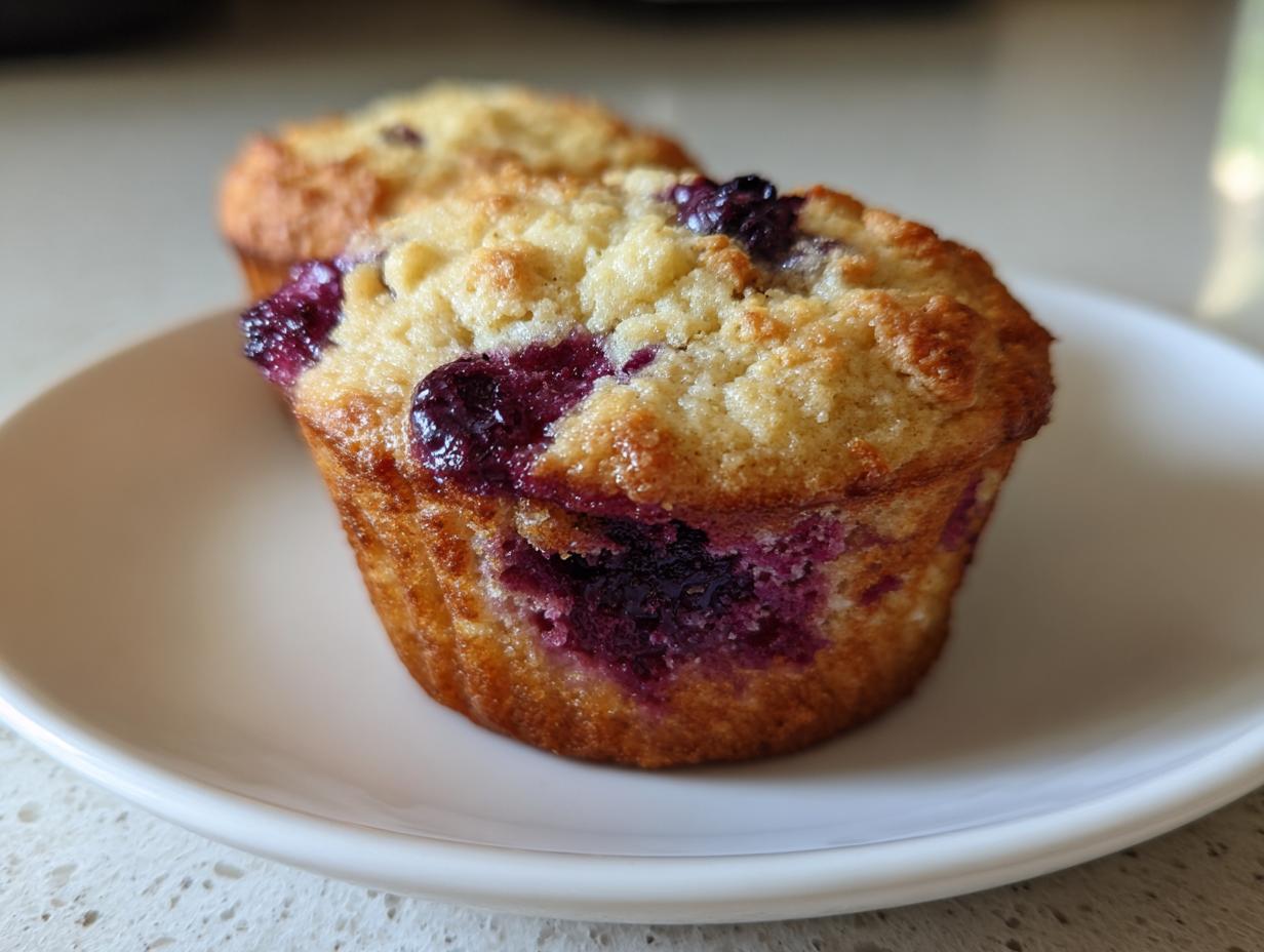 Close-up of a freshly baked blueberry cottage cheese muffin with a golden brown top and visible blueberries.