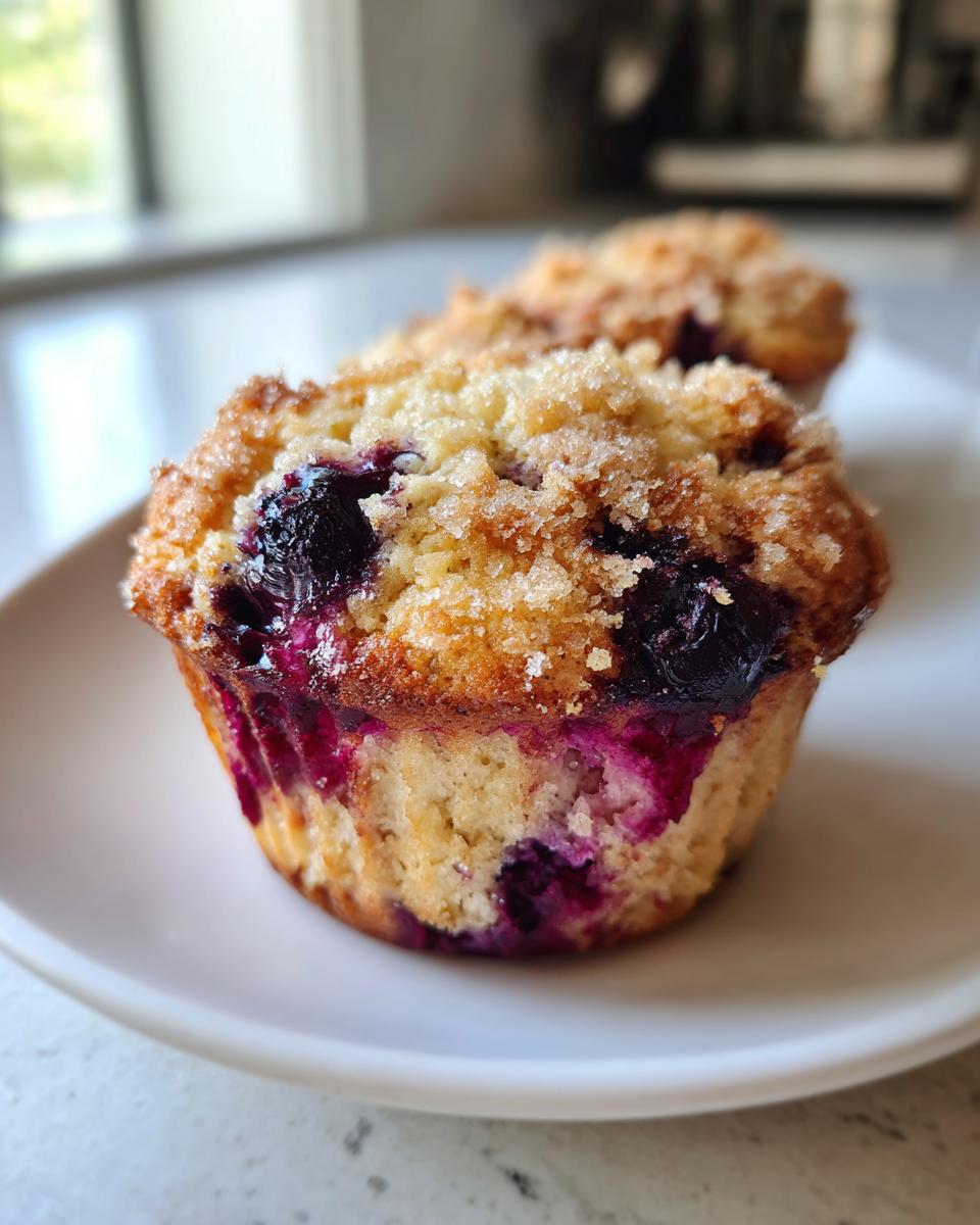 Close-up of a freshly baked blueberry cottage cheese muffin topped with a sugary crumb topping, sitting on a white plate.