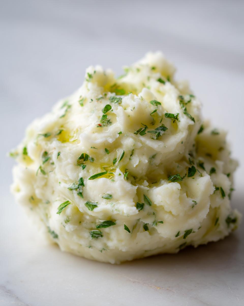 A close-up of creamy Boursin mashed potatoes topped with melted butter and fresh chopped parsley.