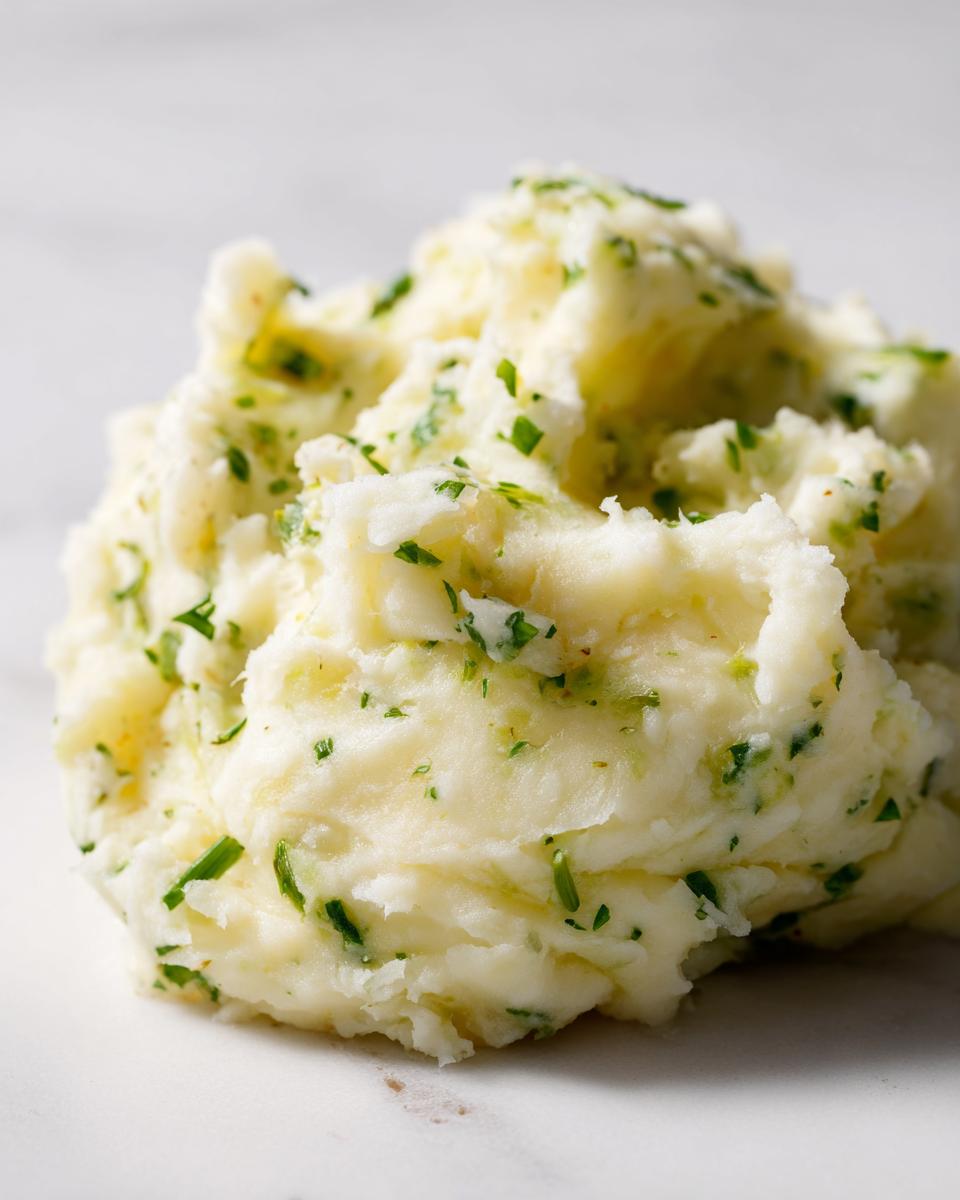 A close-up mound of creamy Boursin mashed potatoes flecked generously with chopped green herbs.