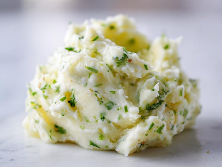 Close-up of creamy Boursin mashed potatoes mixed with visible green herbs on a white marble surface.