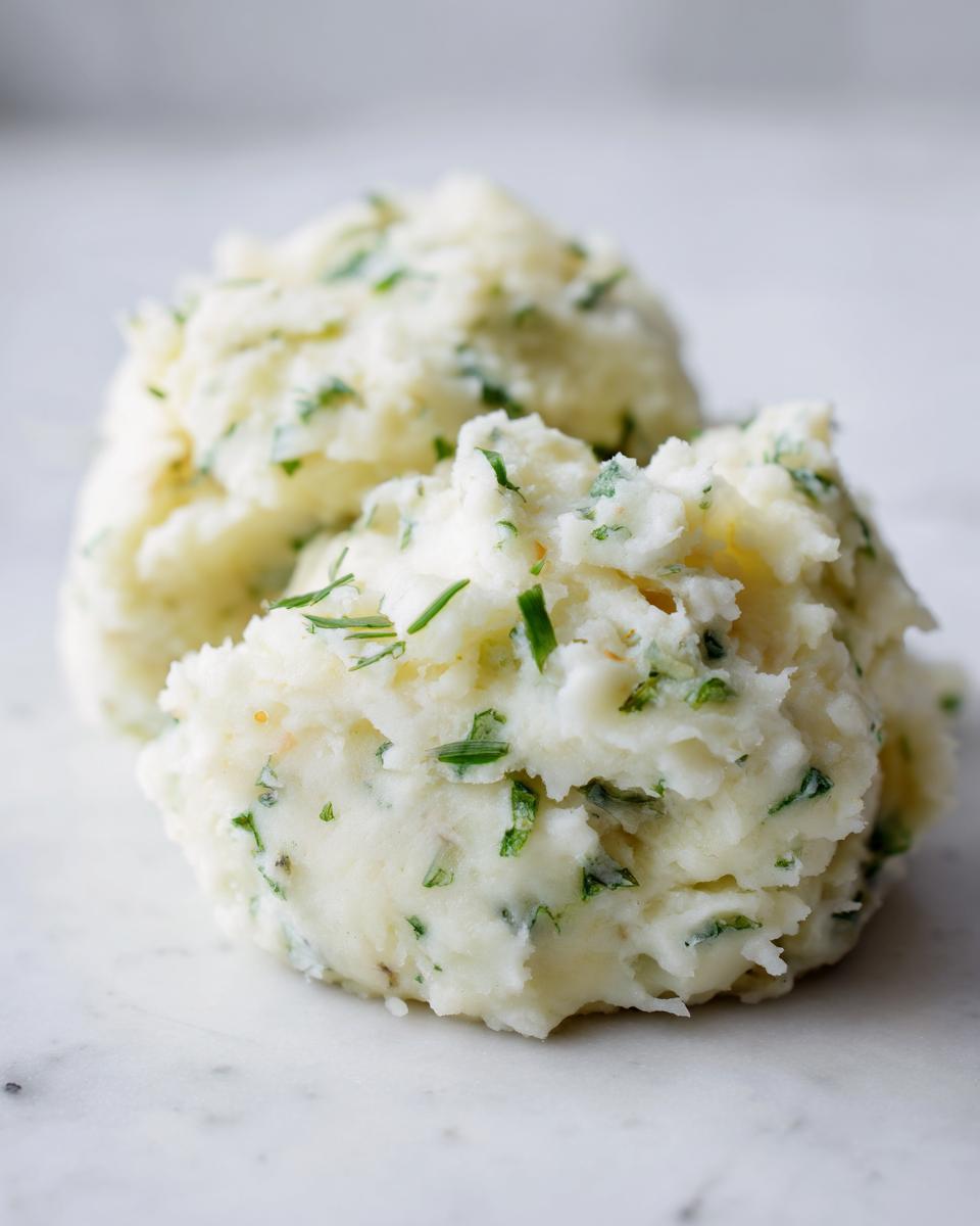 Close-up of two scoops of creamy Boursin mashed potatoes mixed with chopped green herbs.