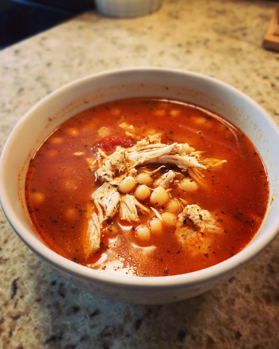Close-up of a bowl of rich, red broth chicken pozole featuring shredded chicken and hominy kernels.