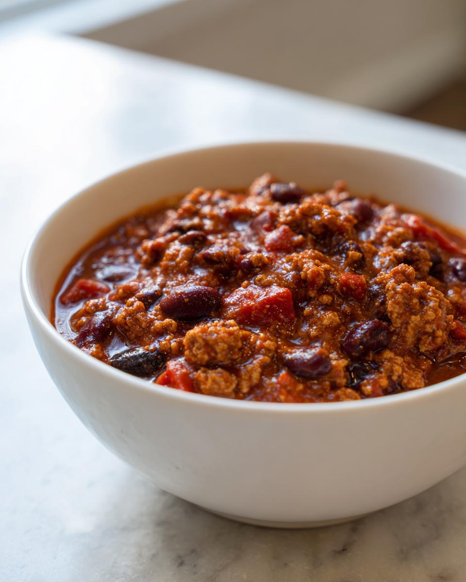 Close-up of a white bowl filled with rich, thick high protein chili featuring ground meat and kidney beans.