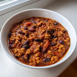 Close-up of a white bowl filled with rich, thick high protein chili featuring ground meat and dark red kidney beans.