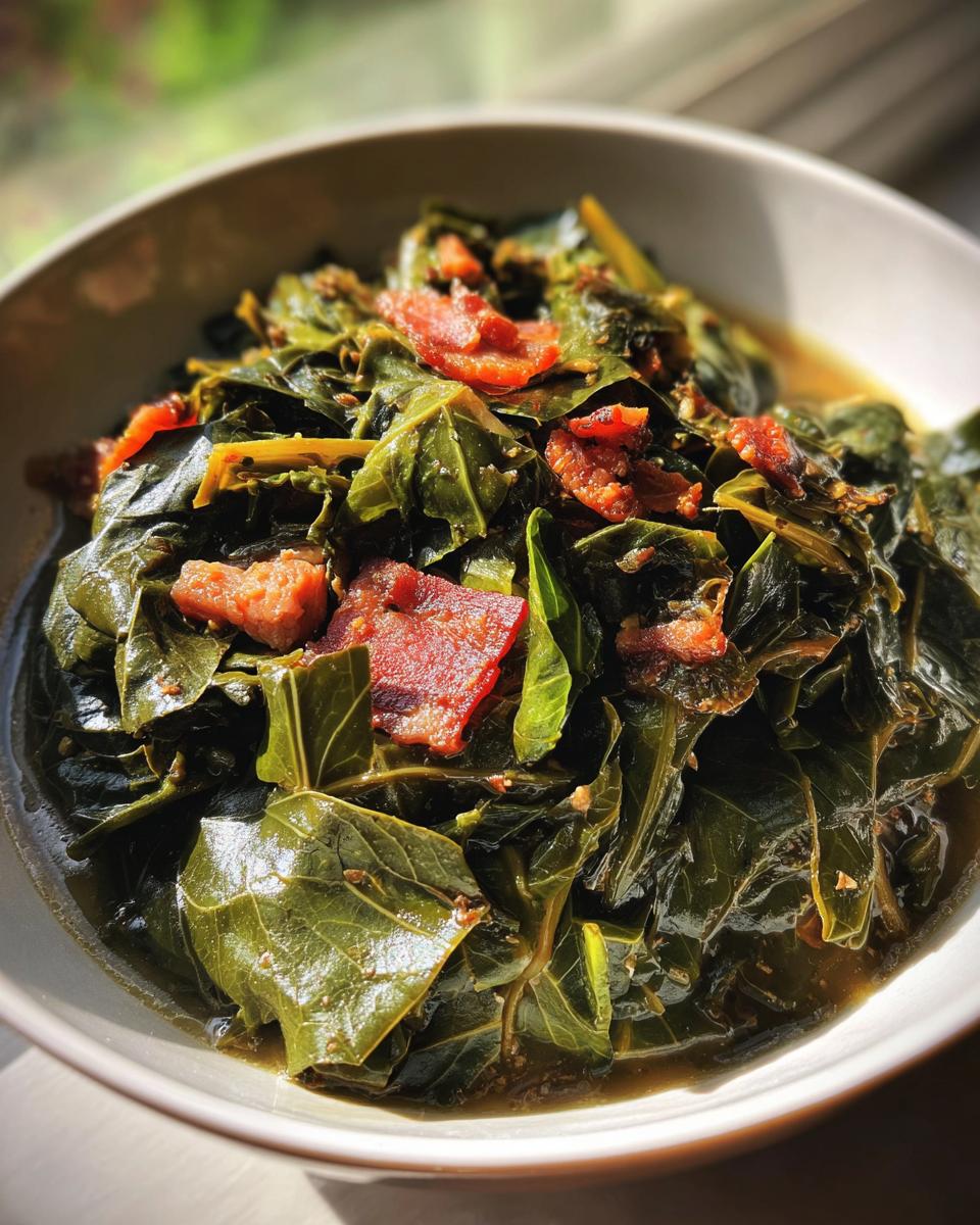 A close-up of rich, dark green collard greens stewed in broth and topped with pieces of smoked bacon.