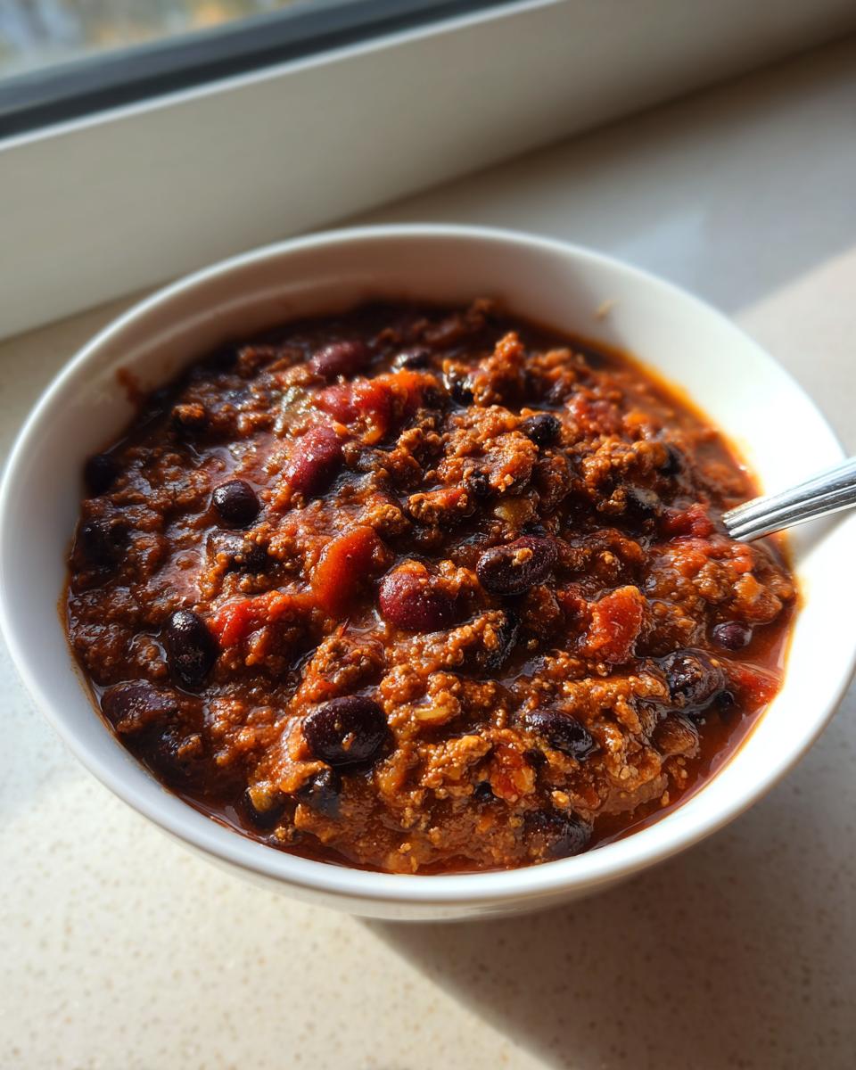 Close-up of a hearty bowl of rich, dark red high protein chili loaded with ground meat and kidney beans.