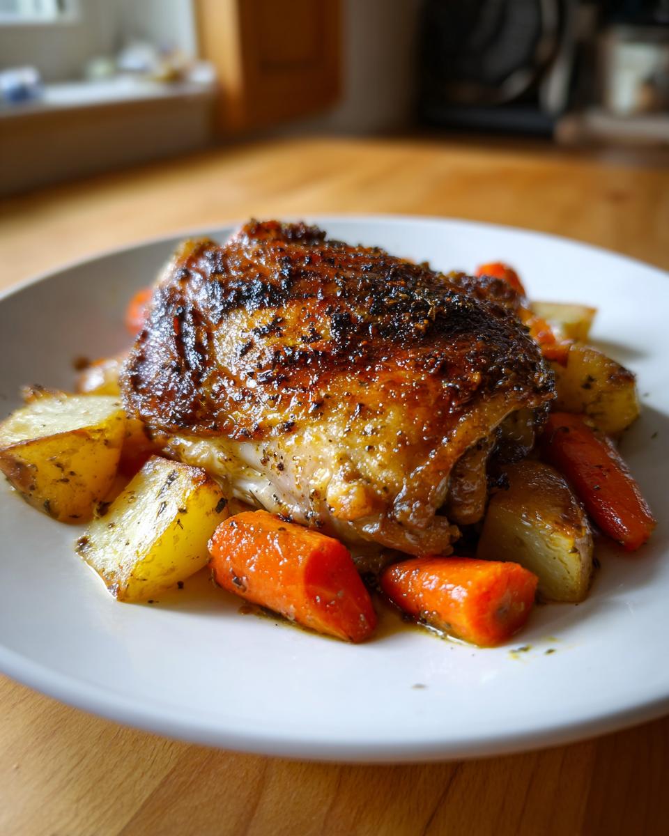 A close-up of tender braised chicken thighs with crispy skin served over roasted potatoes and carrots.