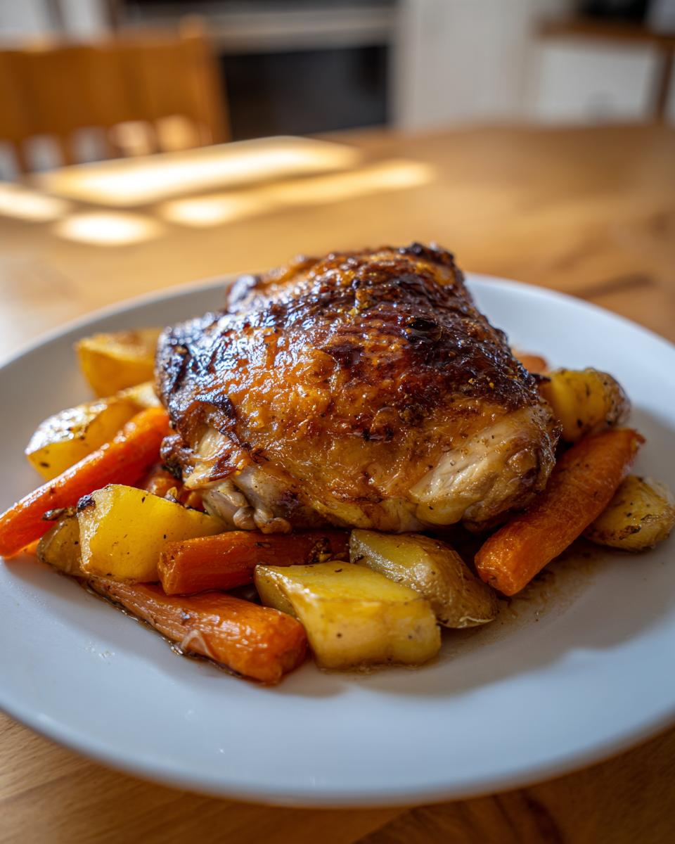 A perfectly cooked braised chicken thigh with crispy skin served over roasted potatoes and carrots.