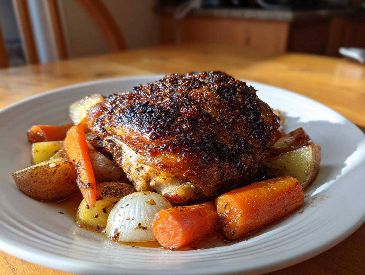 A single serving of beautifully seasoned braised chicken thighs resting on roasted carrots, potatoes, and onions on a white plate.
