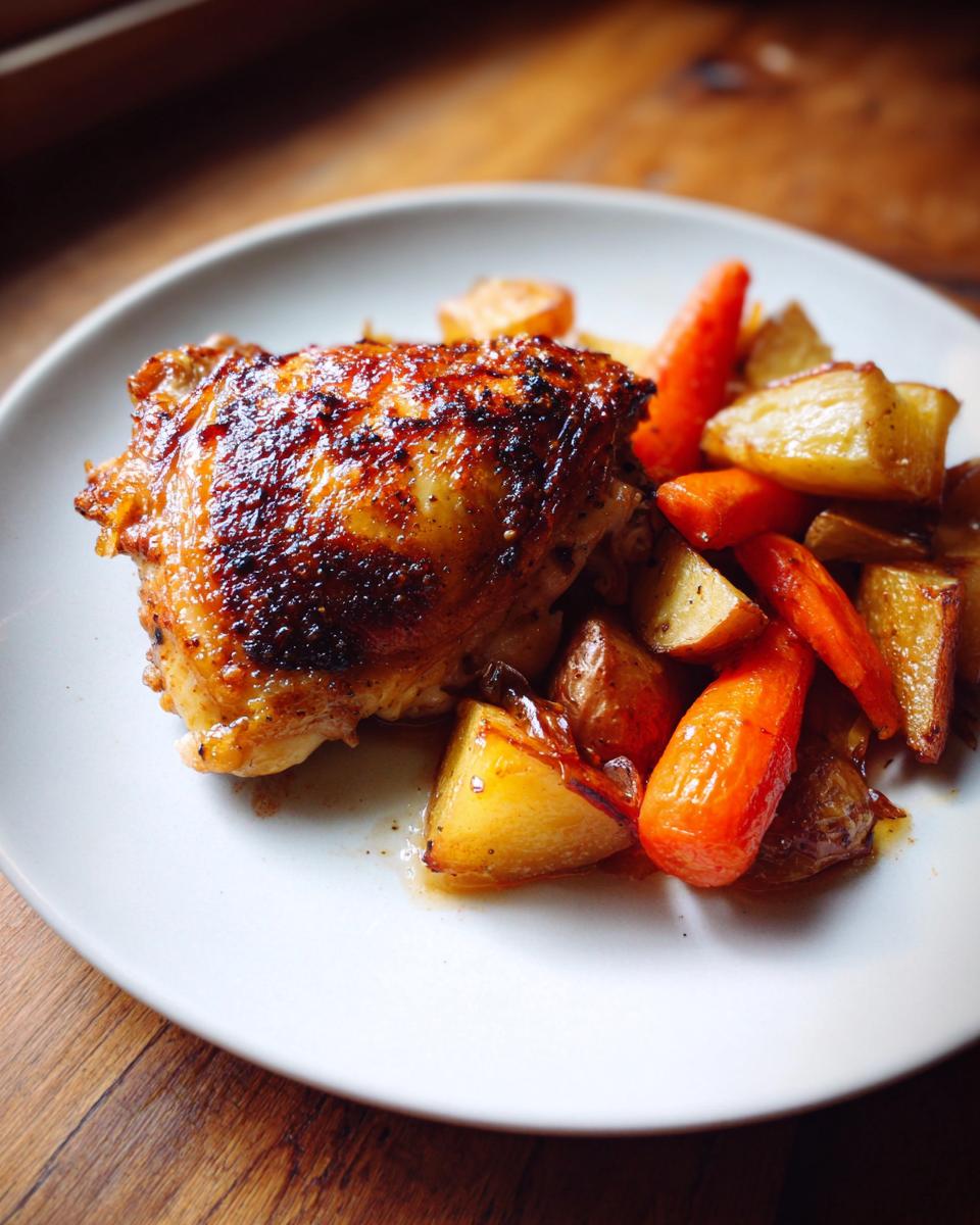 A close-up of a perfectly seared braised chicken thighs served with roasted carrots and potatoes on a white plate.