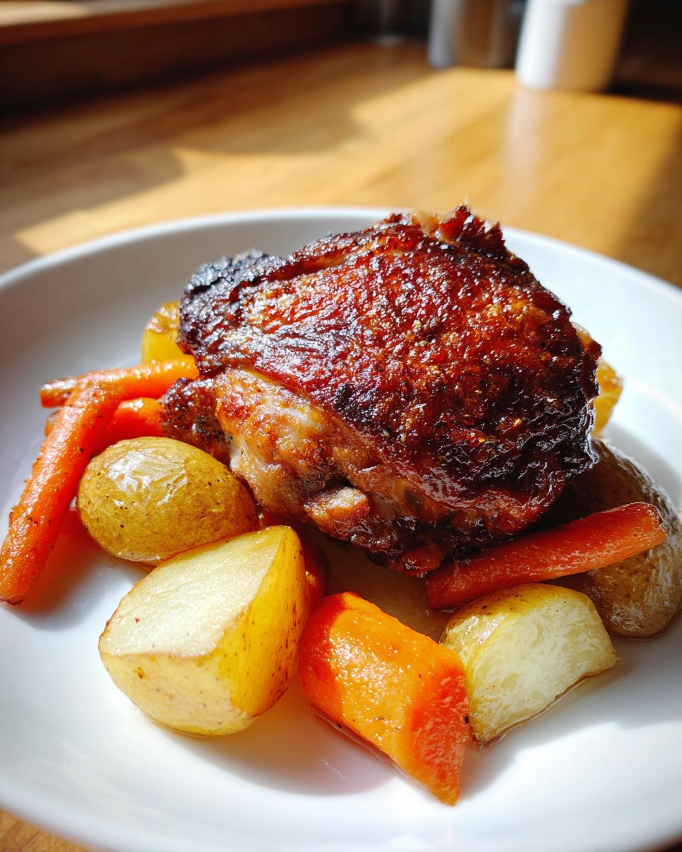 A close-up of a perfectly cooked braised chicken thigh with crispy, dark skin served with roasted potatoes and carrots.