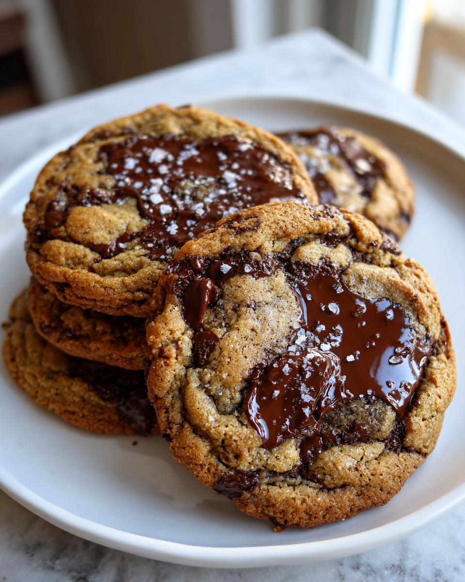 Stack of freshly baked brown butter chocolate chip cookies topped with melted chocolate pools and flaky sea salt.