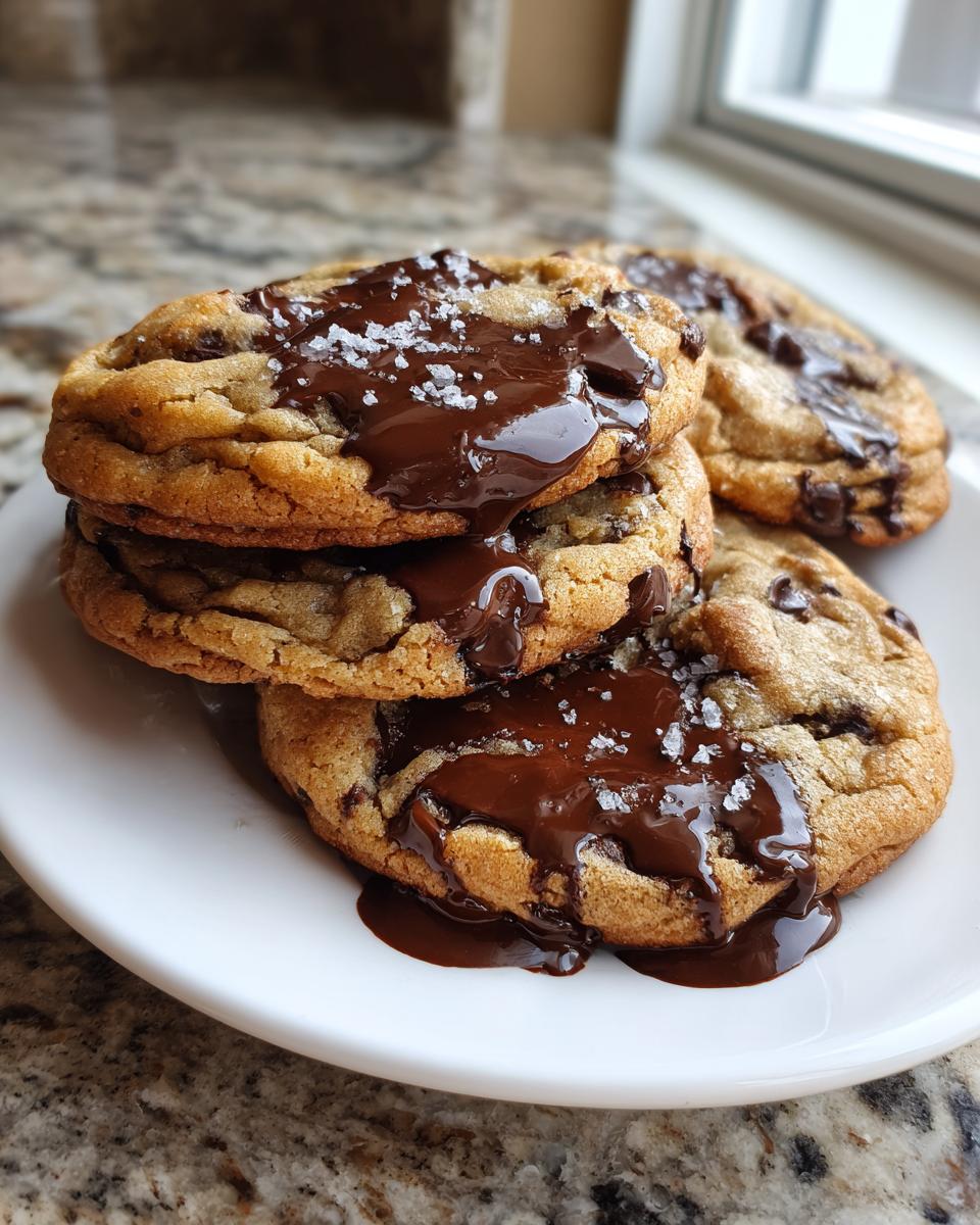 Stack of gooey brown butter chocolate chip cookies drizzled with melted chocolate and sea salt.