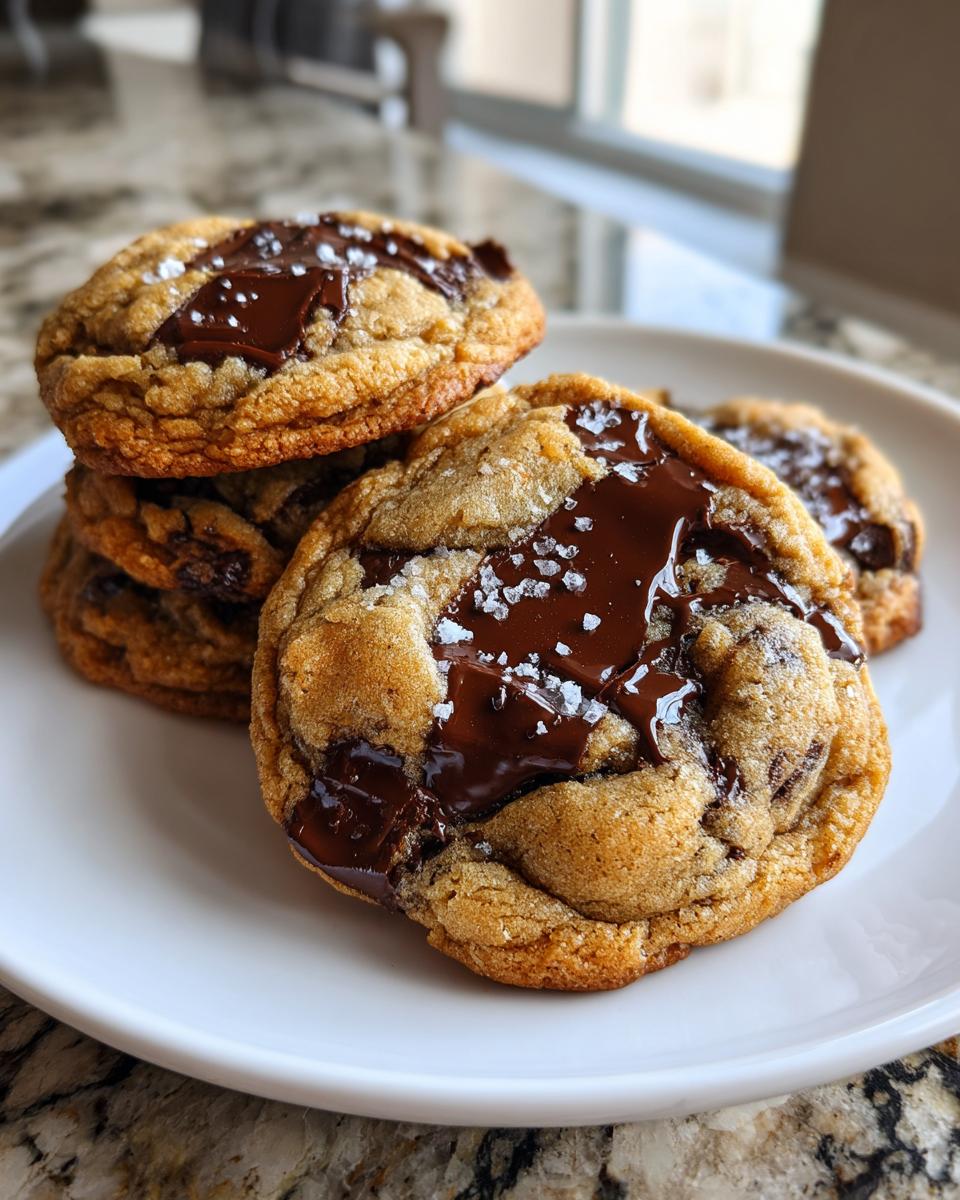 A stack of gooey brown butter chocolate chip cookies topped with melted chocolate chunks and flaky sea salt.