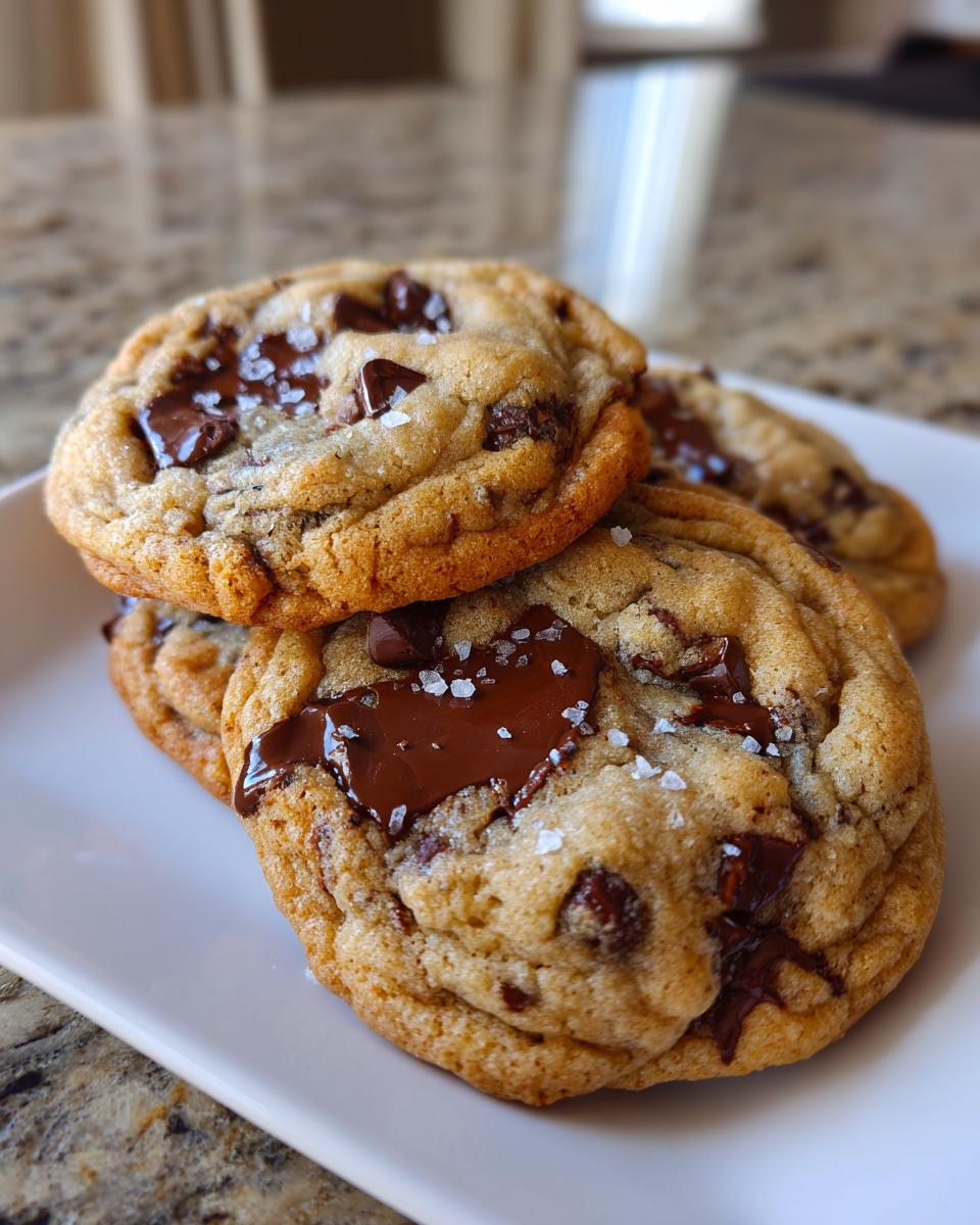Close-up of gooey brown butter chocolate chip cookies topped with melted chocolate puddles and flaky sea salt.