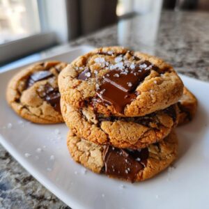 A stack of three gooey brown butter chocolate chip cookies topped with melted chocolate chunks and flaky sea salt.