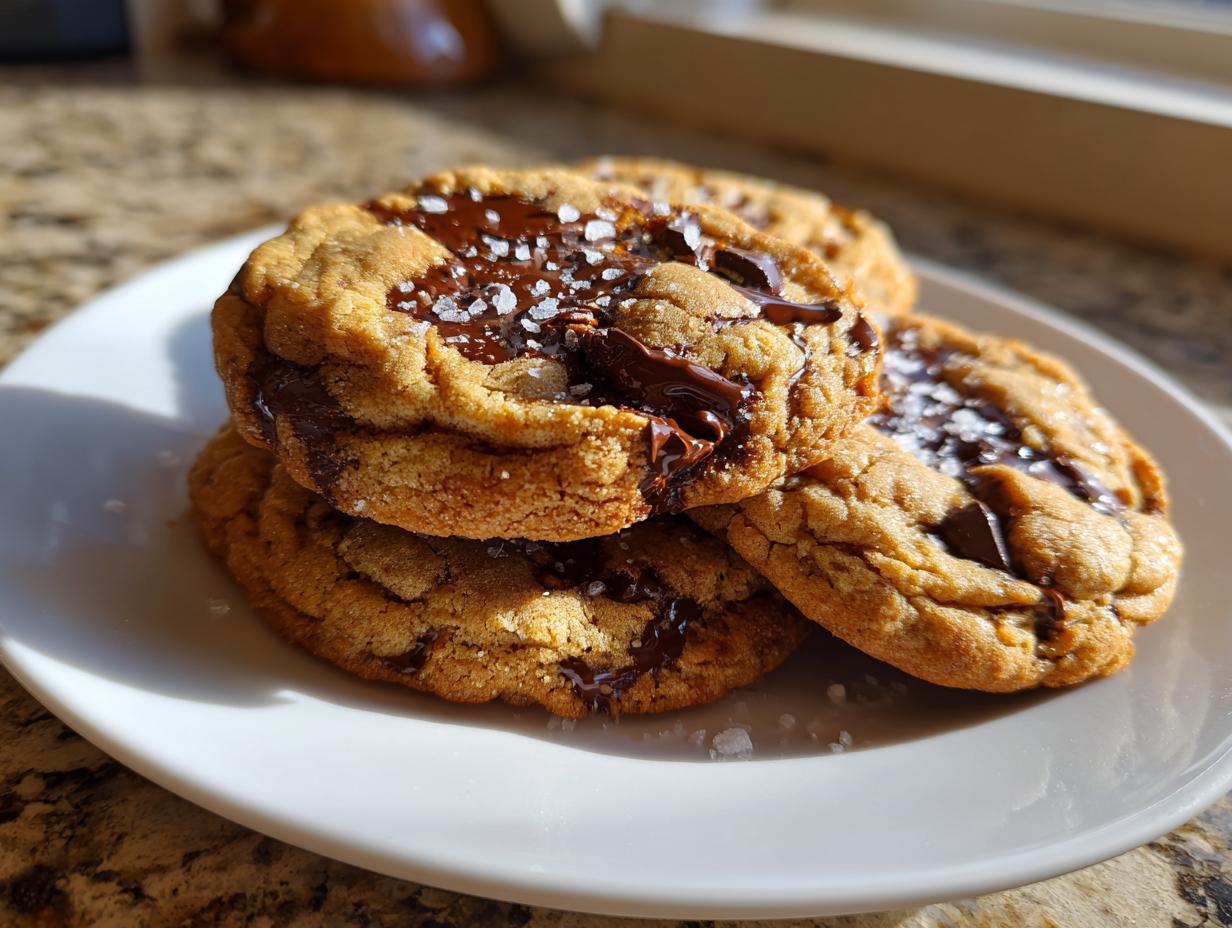 A stack of three gooey brown butter chocolate chip cookies topped with flaky sea salt.